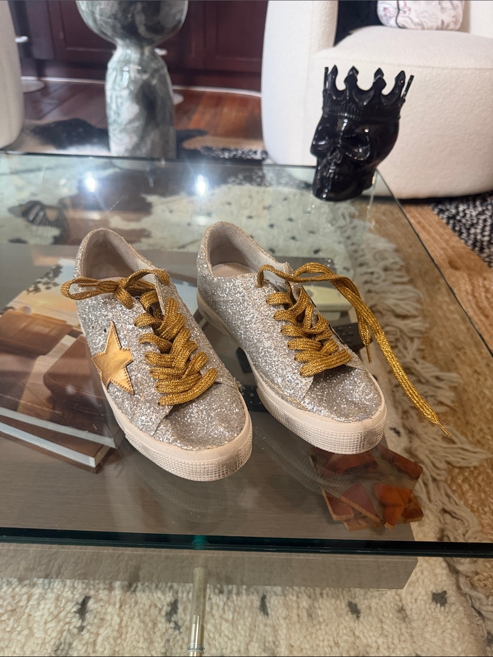 Golden Goose Silver Glitter Distressed Sneakers with Gold Star and Laces